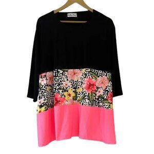 Southern Charm Black & Hot Pink Floral Panel Tunic Top – Bold Colorblock Blouse